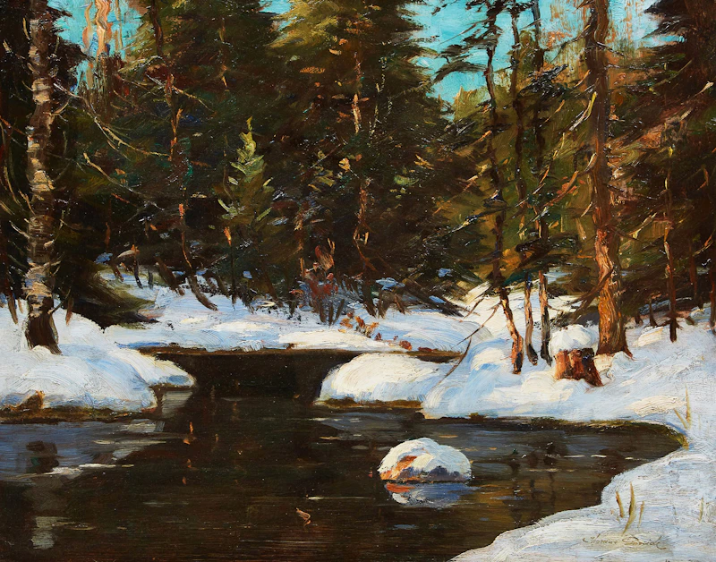 Thomas Hilton Garside, Winter Stream, oil on board