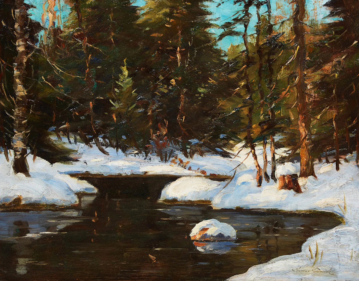Thomas Hilton Garside, Winter Stream, oil on board