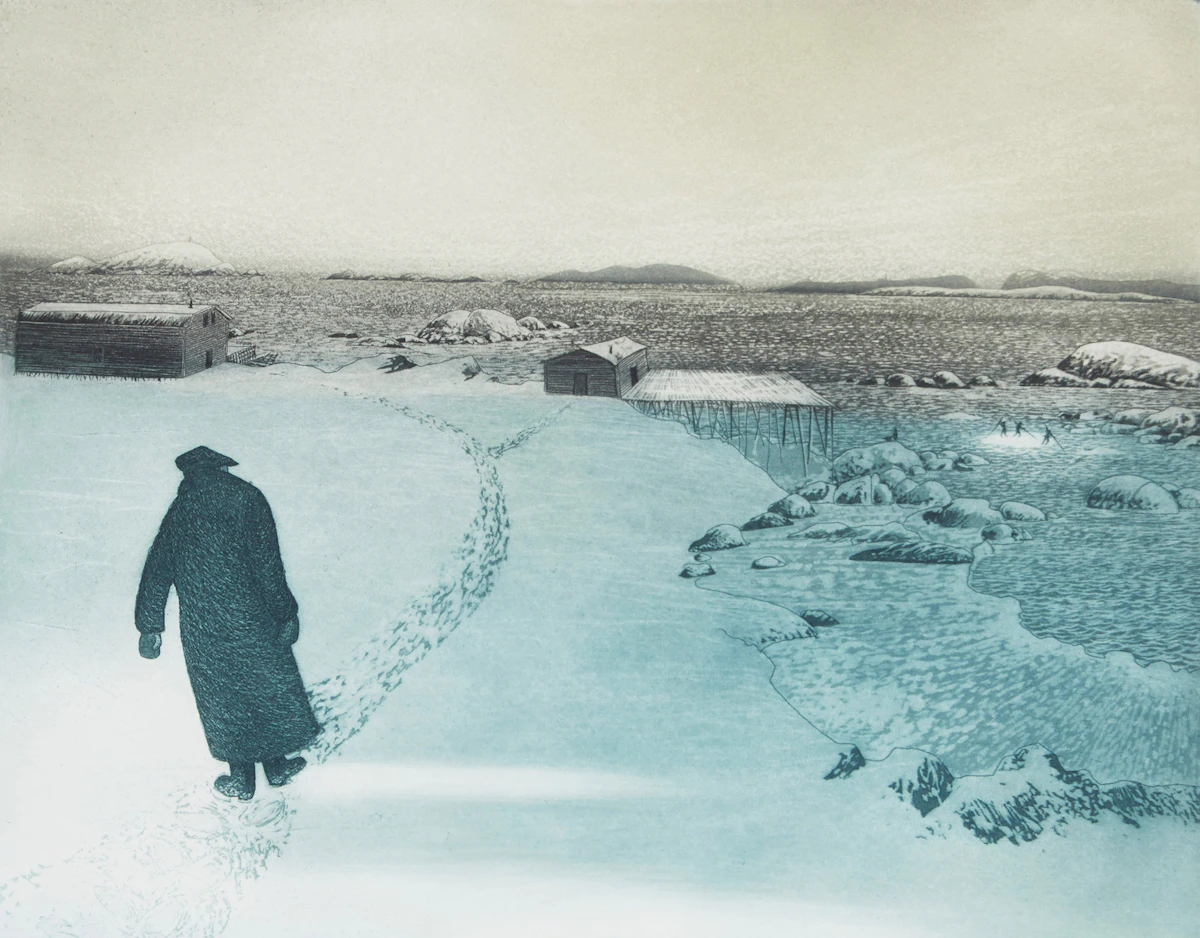 David Lloyd Blackwood, Uncle Ned Hill: Home in Wesleyville, etching and aquatint, 1976