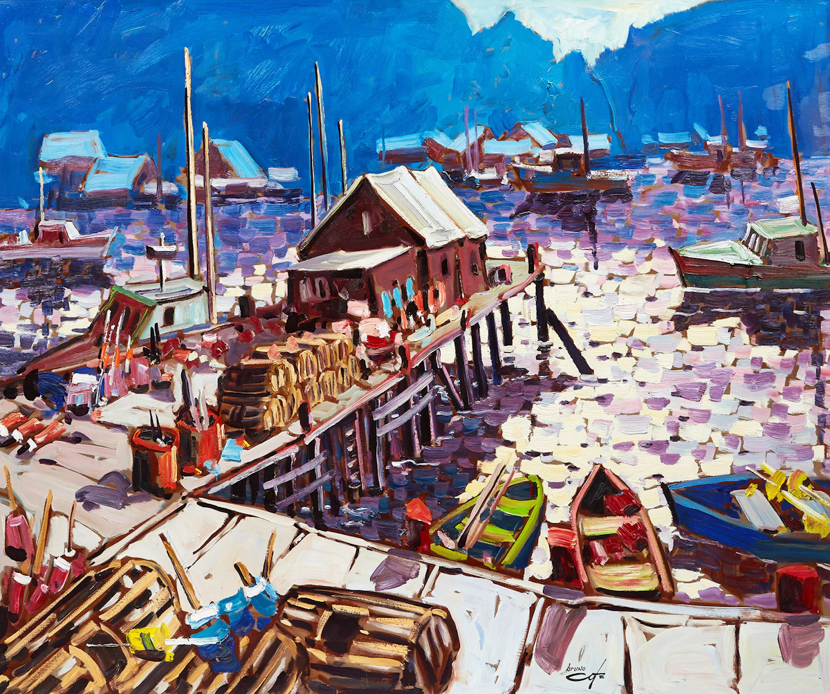 Bruno Côté, Fishing Village, Newfoundland, oil on board