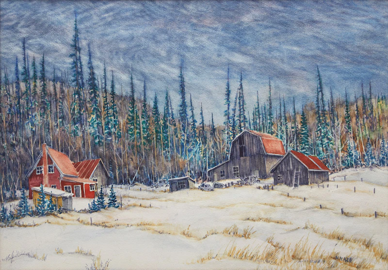 Lawrence Nickle, Winter Landscape with House and Barn, watercolour