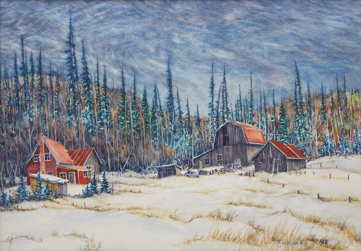 Lawrence Nickle, Winter Landscape with House and Barn, watercolour