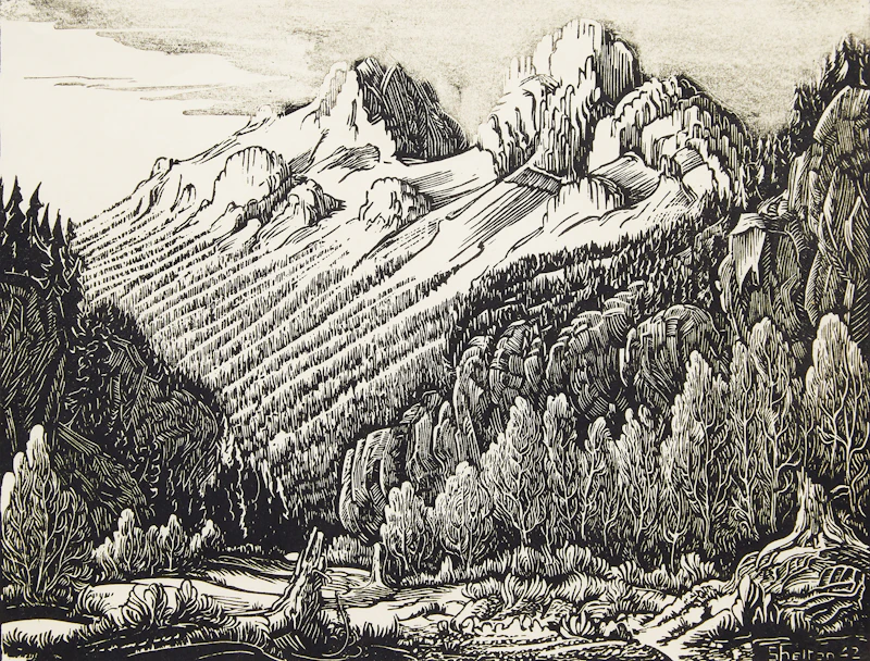 Margaret Shelton, Mt. Edith, linocut