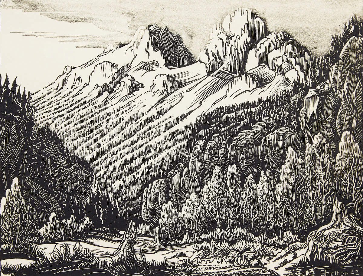 Margaret Shelton, Mt. Edith, linocut, 1942