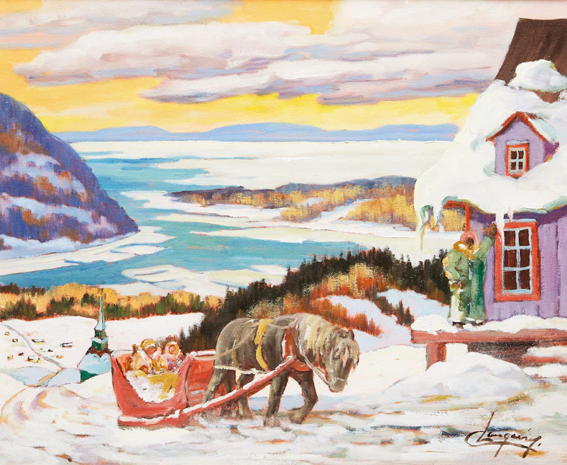 Claude Langevin, La visite, oil on canvas