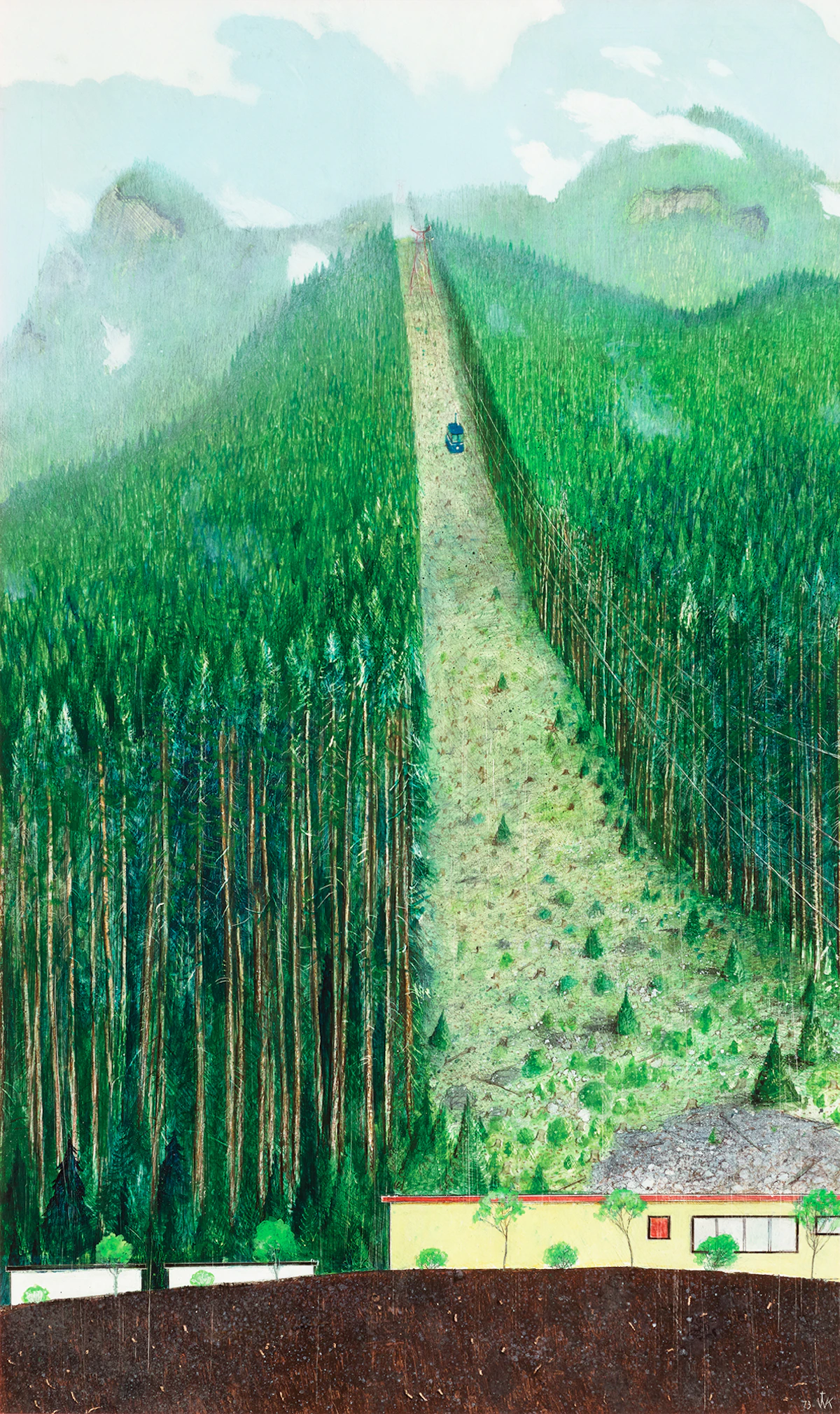 William Kurelek, The Grouse Mountain Sky Ride, mixed media on board, 1973