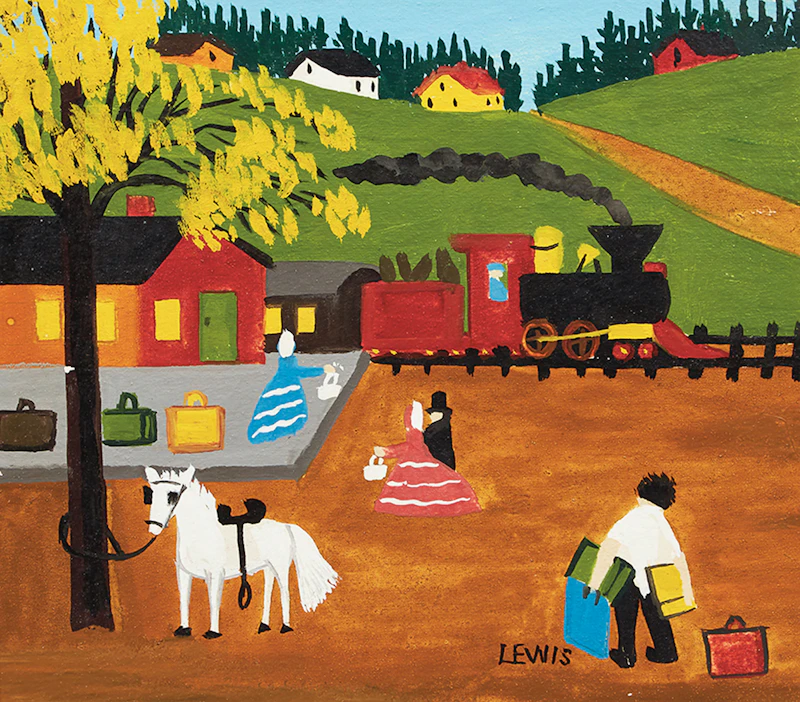 Maud Lewis, At the Train Station, mixed media on board