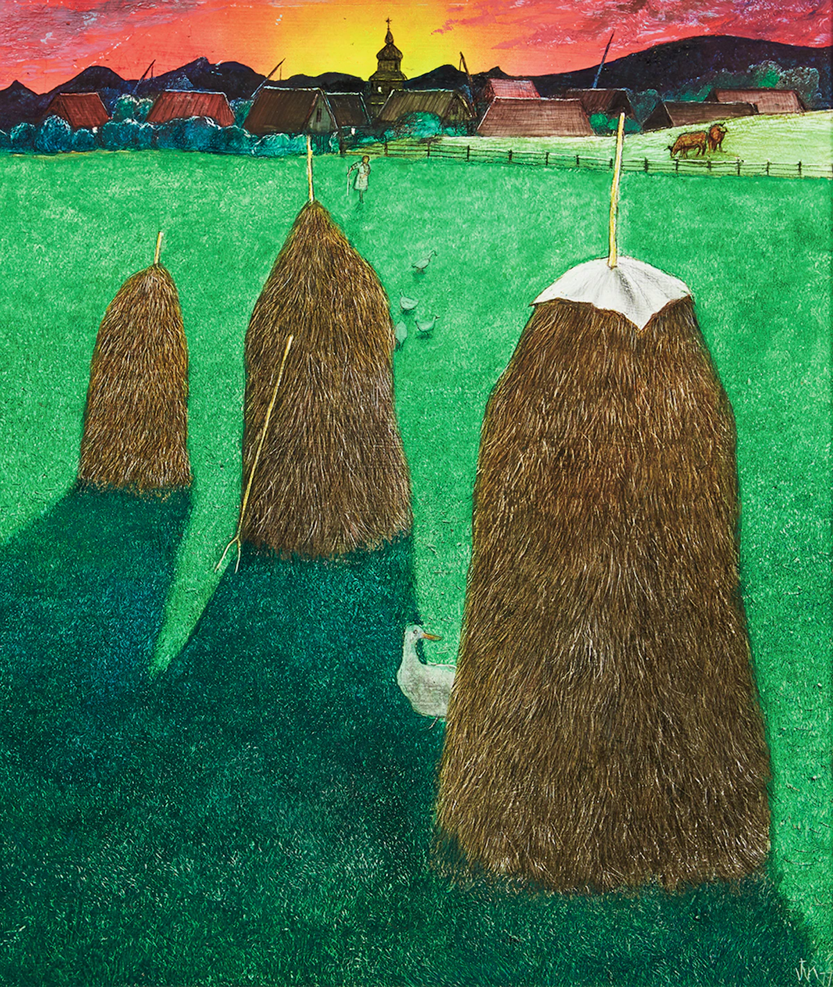 William Kurelek, Haystacks and Ducks (Ukrainian Series), mixed media on board, 1977