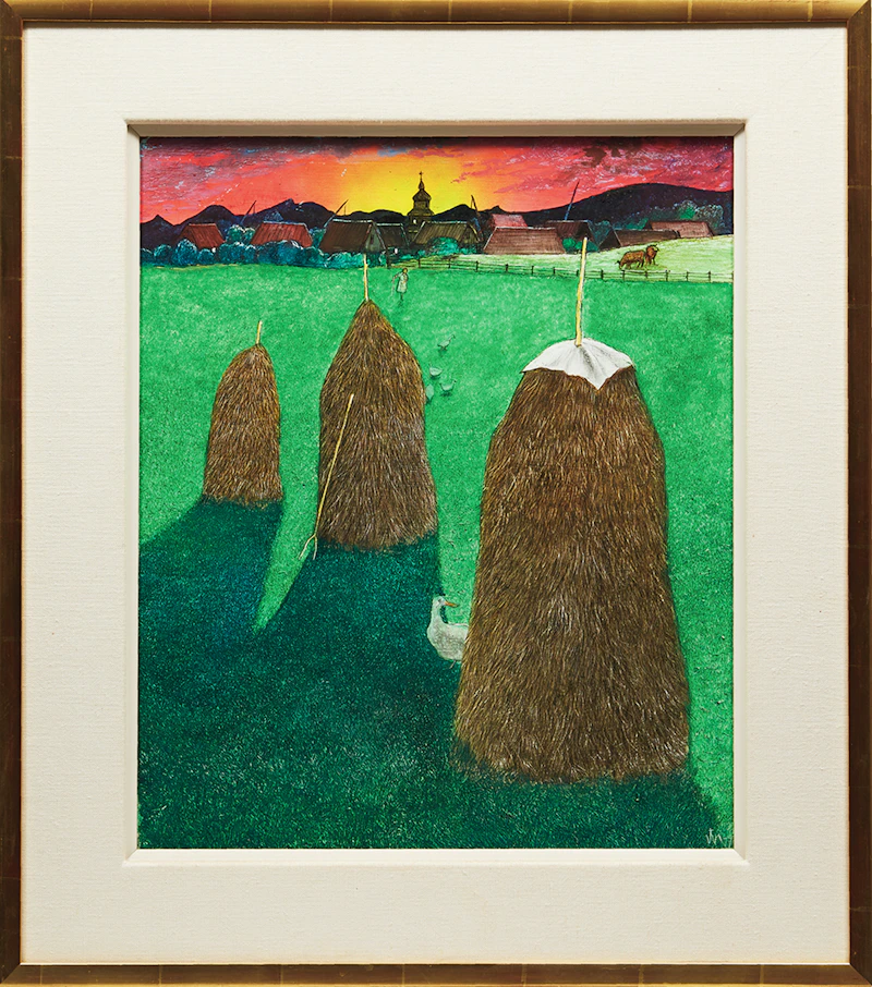 William Kurelek, Haystacks and Ducks (Ukrainian Series), mixed media on board, 1977 - view 2