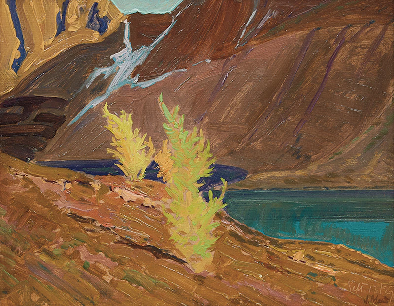 James Edward Hervey MacDonald, Larches, Mountain Lake, oil on board