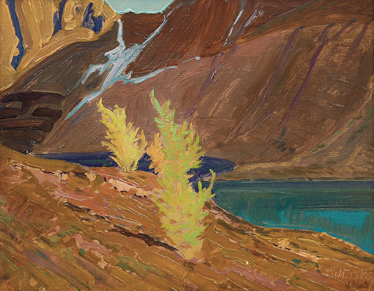 James Edward Hervey MacDonald, Larches, Mountain Lake, oil on board, 1929