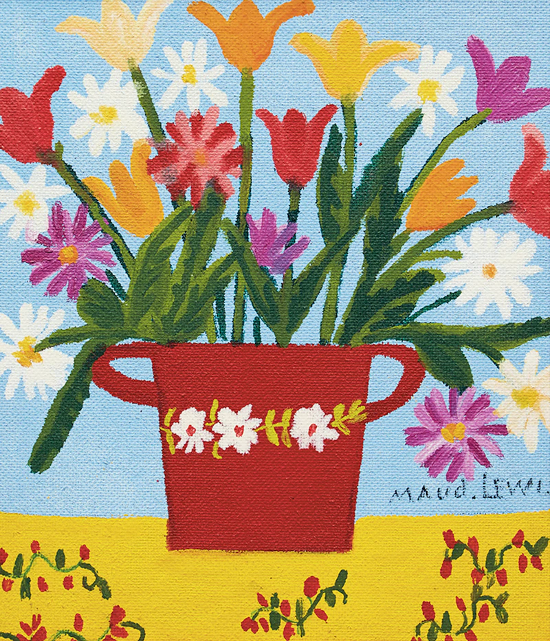 Maud Lewis, Flowers in Red Pot , acrylic on board