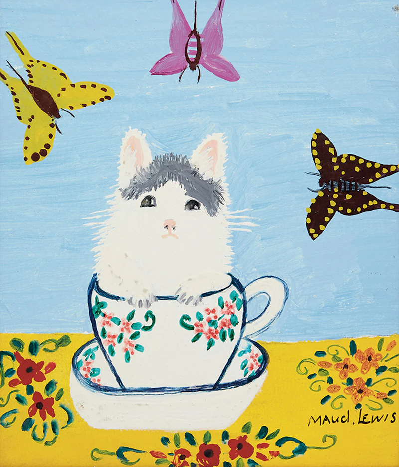 Maud Lewis, White Kitten in a Tea Cup, oil on board