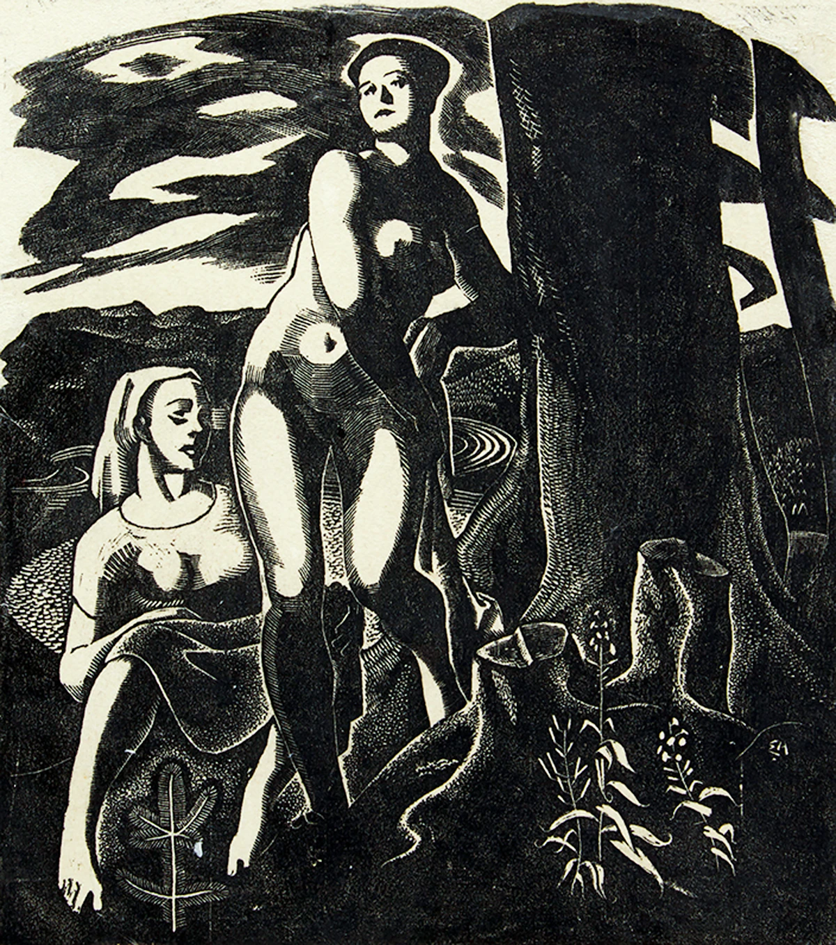 Edwin Headley Holgate, Bathers, woodcut