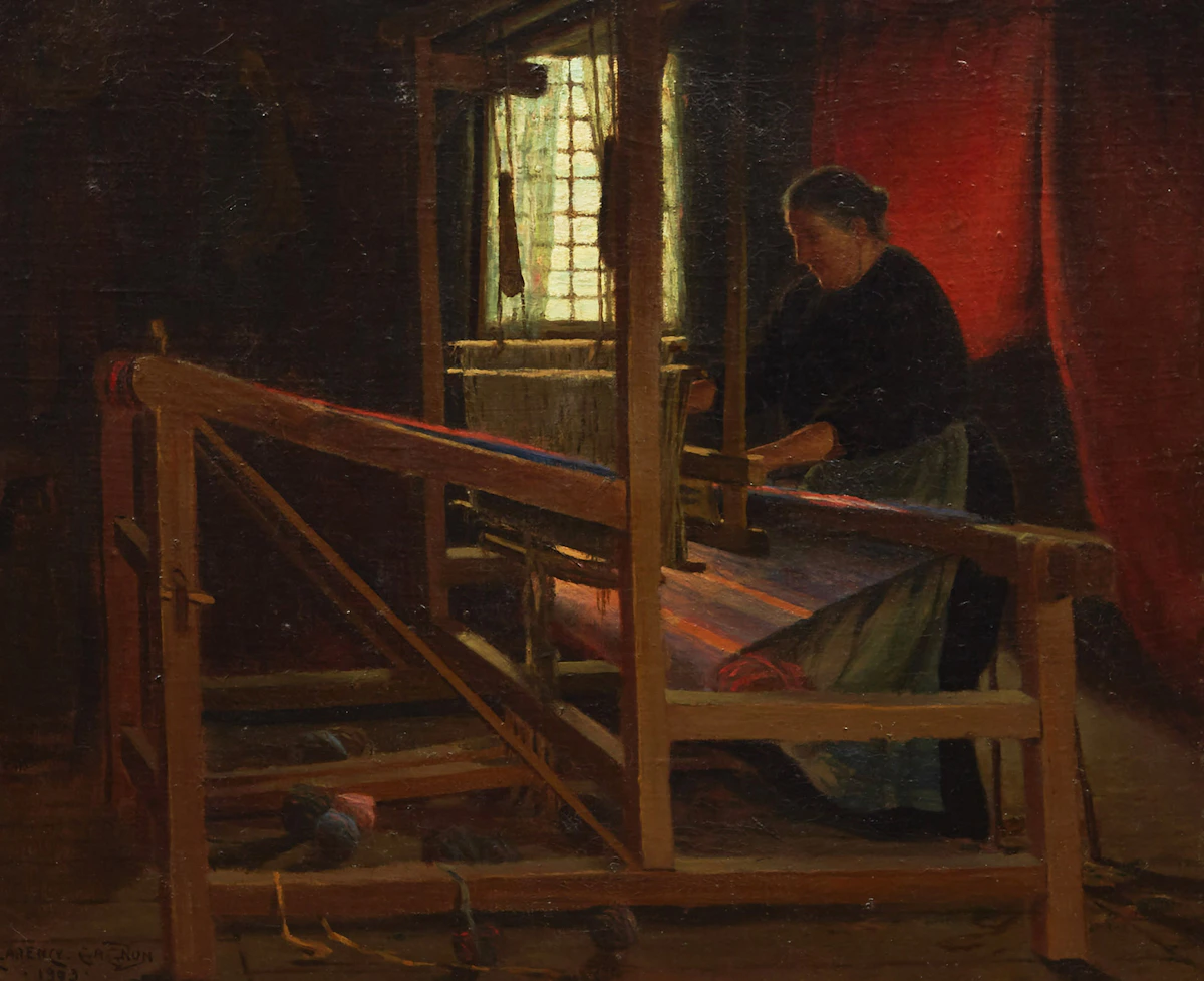 Clarence Alphonse Gagnon, Weaving Red Carpets, oil on canvas, 1903