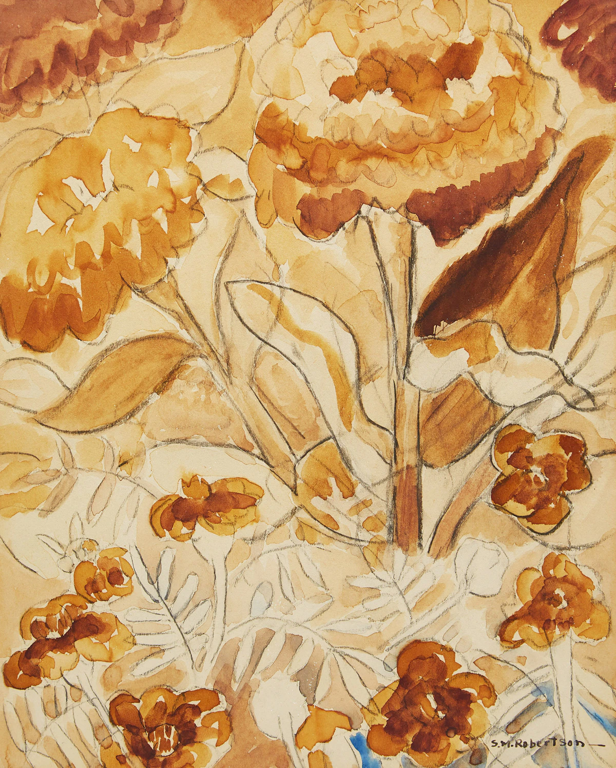 Sarah Margaret Robertson, Floral Study in Orange, watercolour and graphite