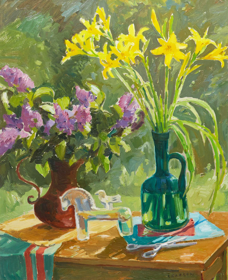 Helmut Gransow, Lilac and Lillies, oil on masonite
