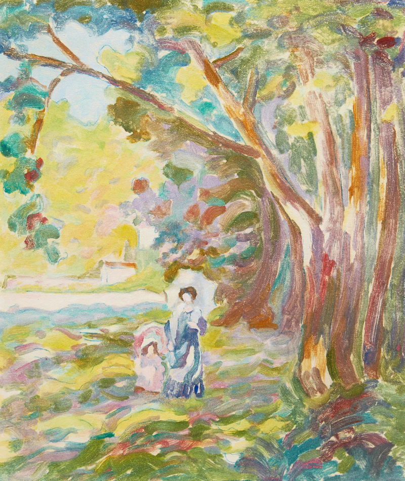 Henri Beau, Mother and Child in the Garden, mixed media
