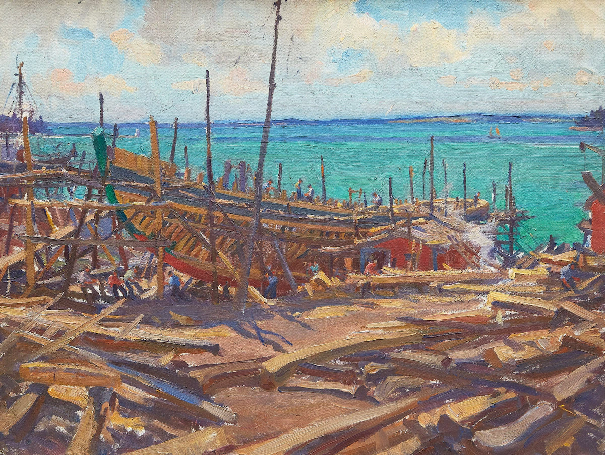 Manly Edward MacDonald, Building a Schooner, Lunenberg, Nova Scotia, oil on canvas