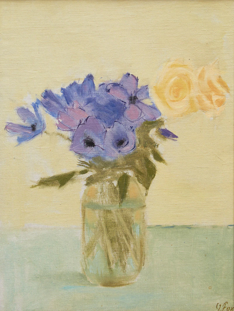 John Richard Fox, Blue Flowers & Two Yellow Roses, oil on canvas