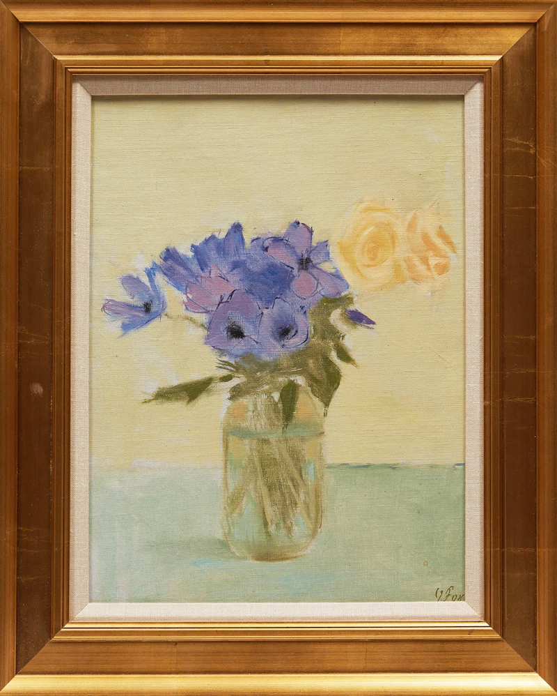 John Richard Fox, Blue Flowers & Two Yellow Roses, oil on canvas - view 2