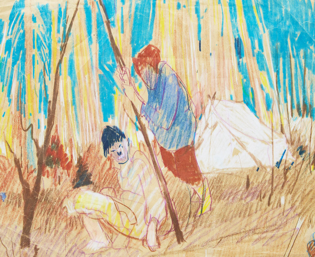 René Richard, Deux trappeurs (1940), coloured pencil on paper, 1940