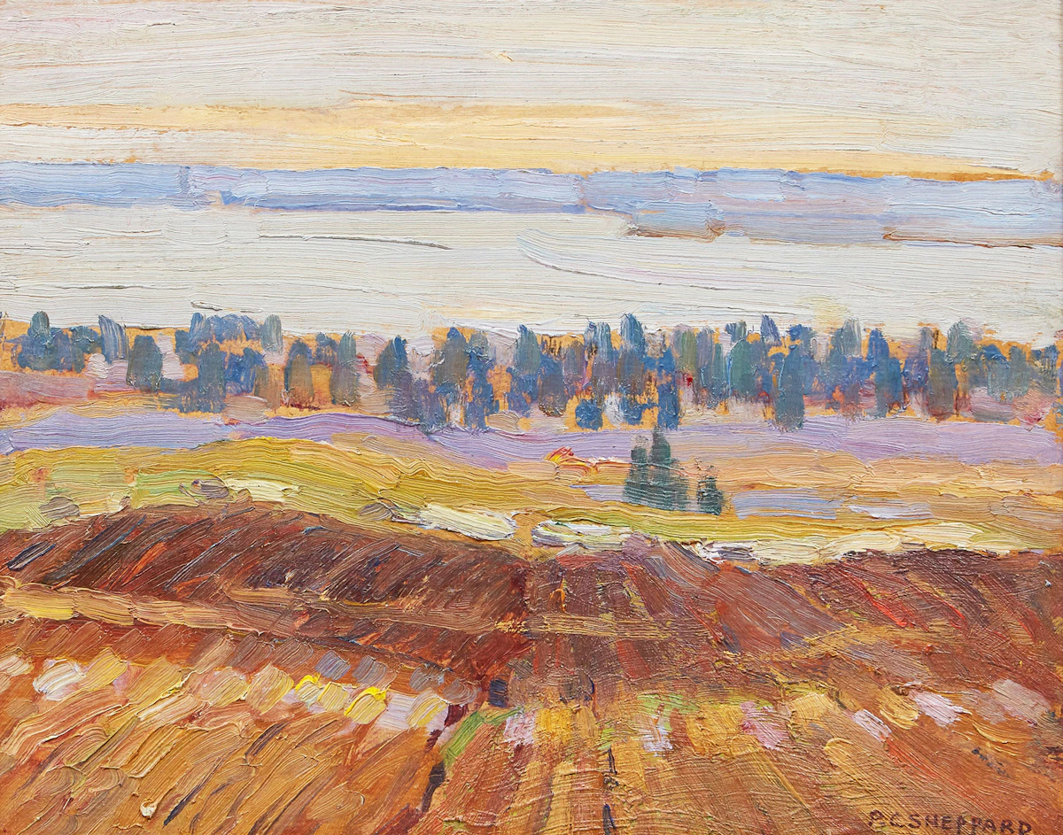 Peter Clapham Sheppard, Field and Distant Lake, oil on board