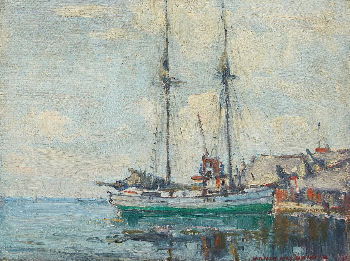 Manly Edward MacDonald, Two Masted Boat in Harbour, oil on canvas laid down on board