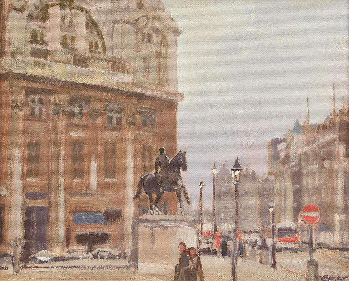 Peter Maxwell Ewart, Off Trafalgar Square, London, Eng., oil on canvas board
