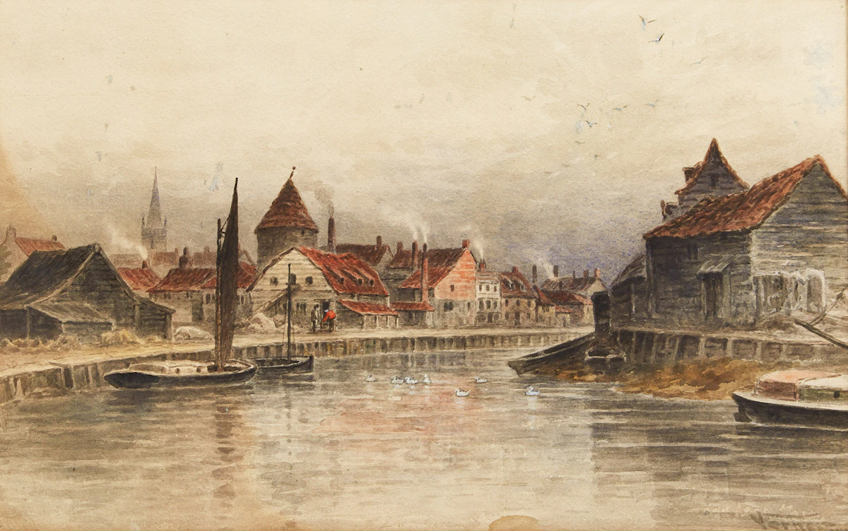 Frederick Arthur Verner, European Canal Scene, watercolour, 1884