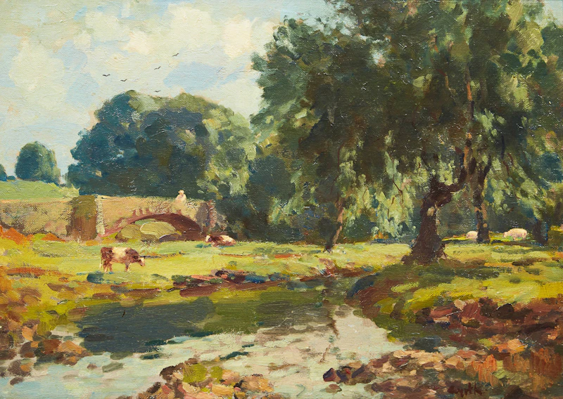 Gyrth Russell, Cows Grazing by a Stream, oil on board