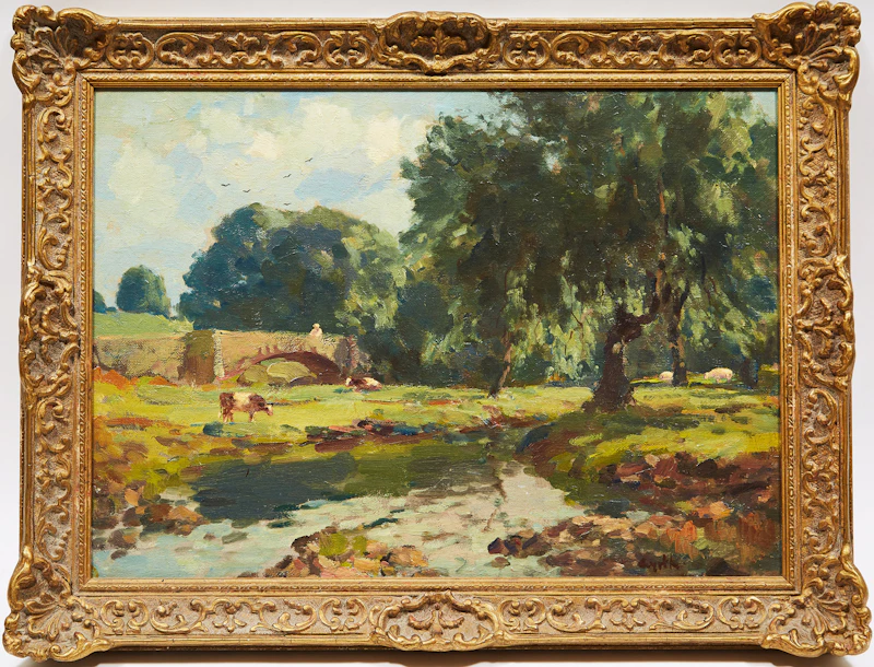 Gyrth Russell, Cows Grazing by a Stream, oil on board - view 2