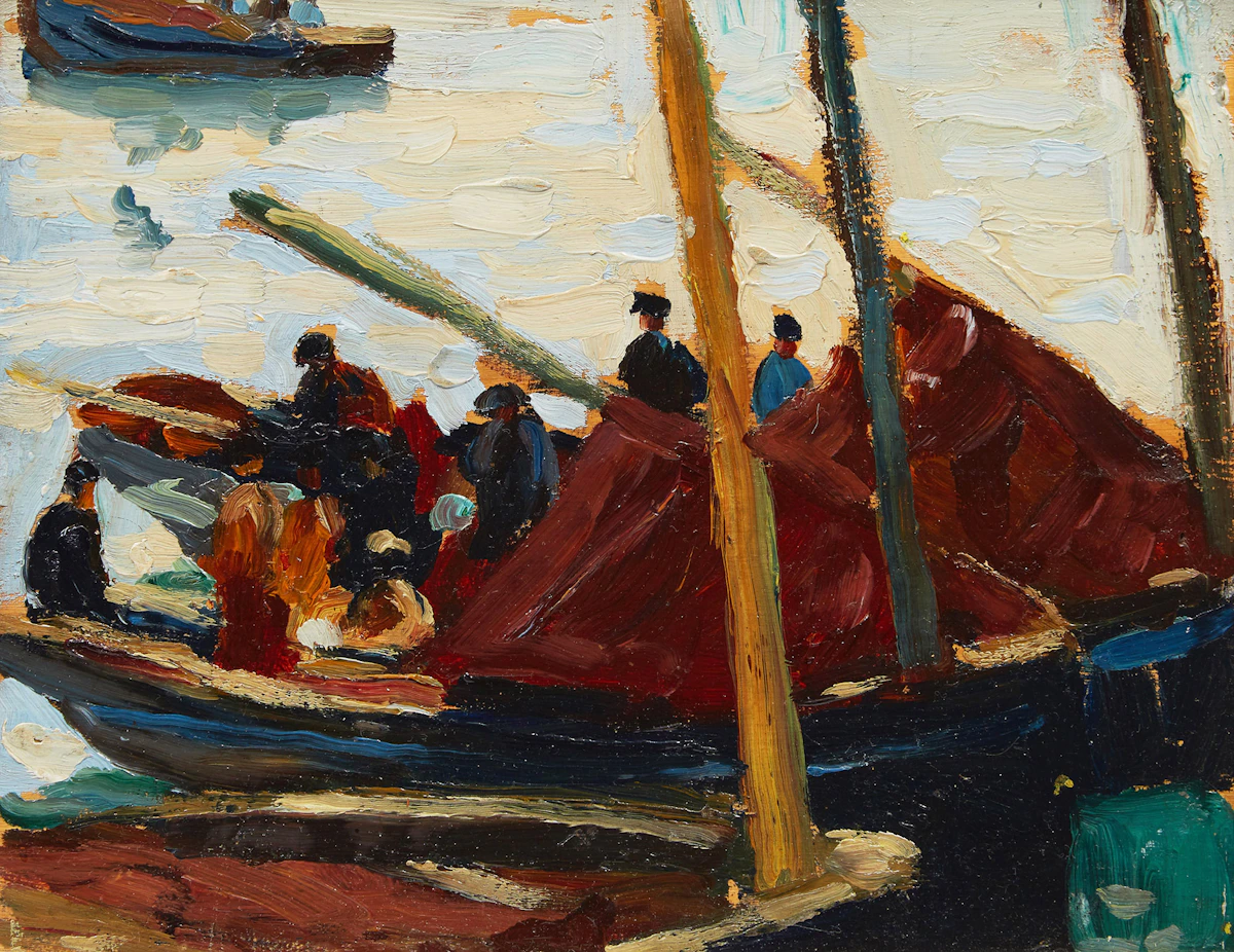 Randolph Stanley Hewton, Moored Boats in Venice, oil on board