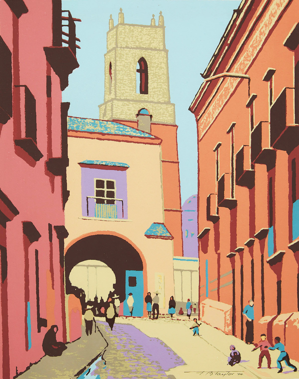 Frederick Bourchier Taylor, In San Miguel Allende, serigraph in colours, 1954