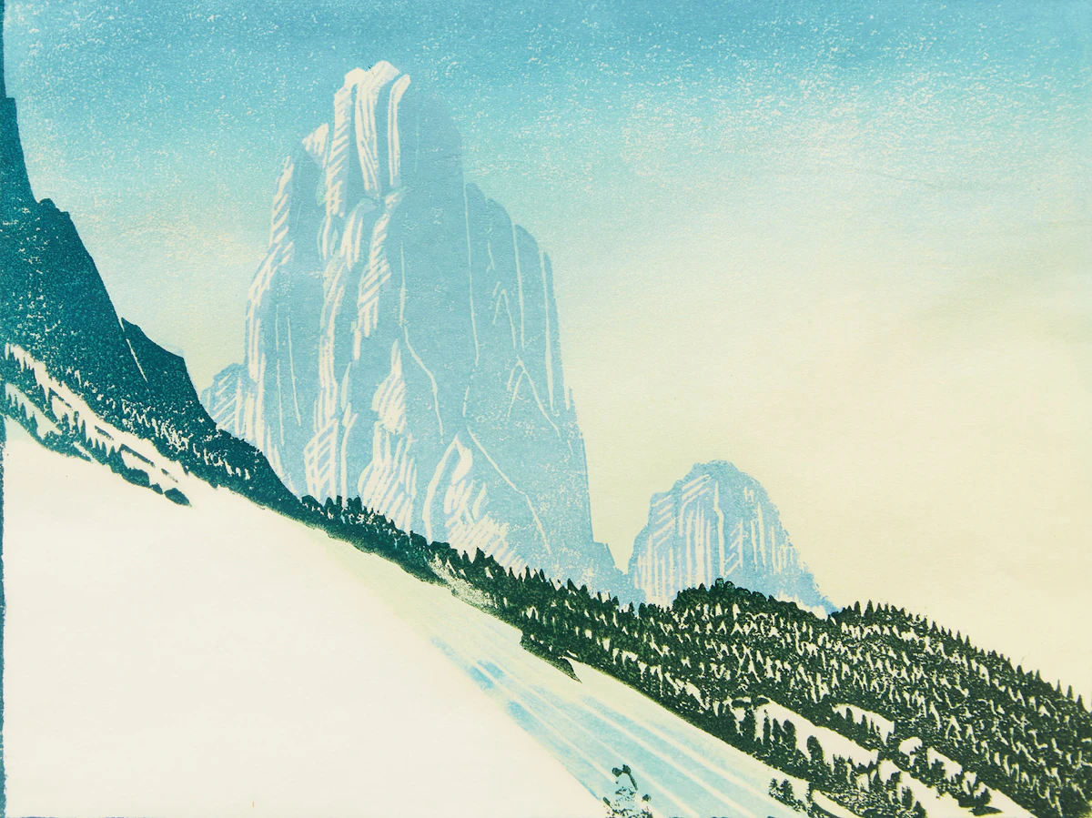 Margaret Shelton, Mount Louis, Banff, linocut in colours, 1974
