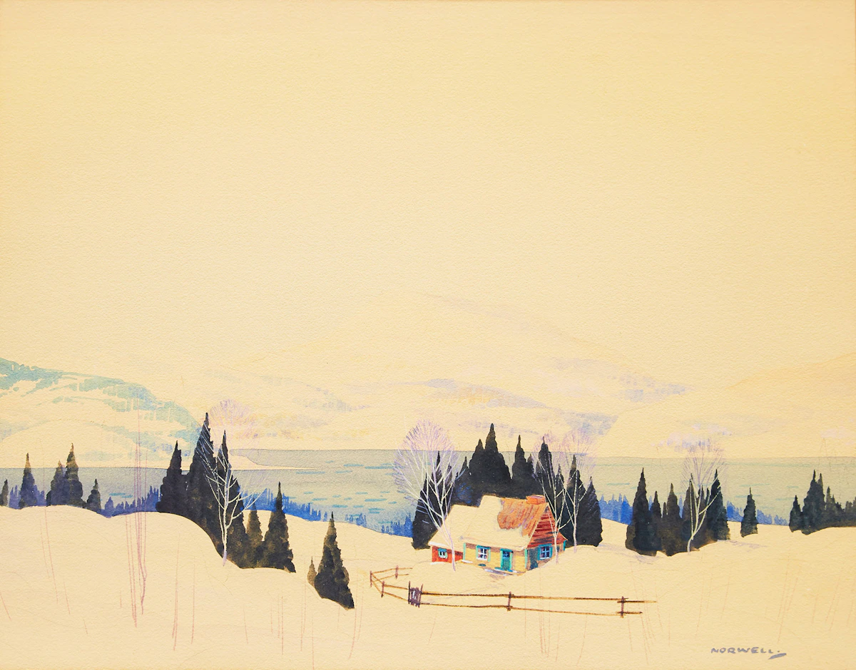 Graham Noble Norwell, Winter Landscape with Cabin, watercolour