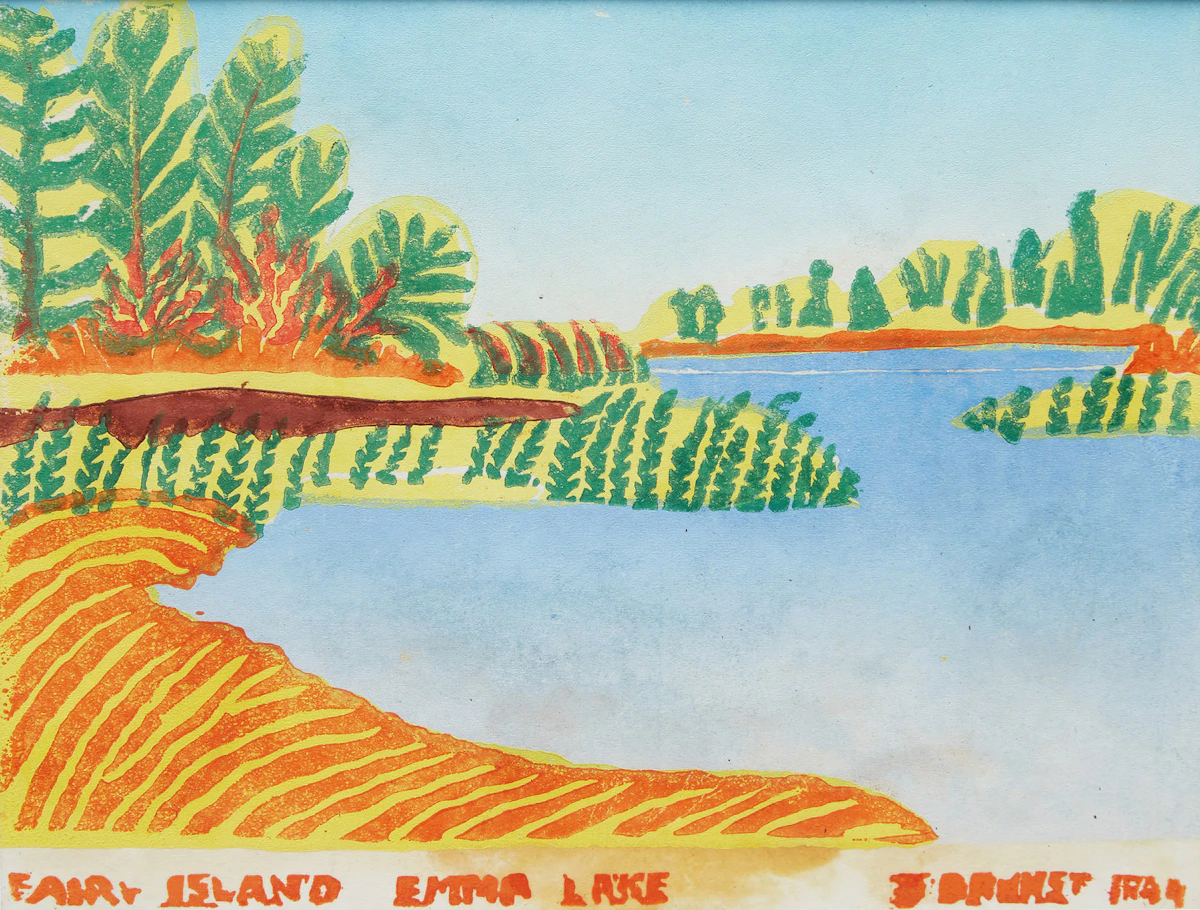 Stanley Brunst, Fairy Island, Emma Lake, colour serigraph, 1944