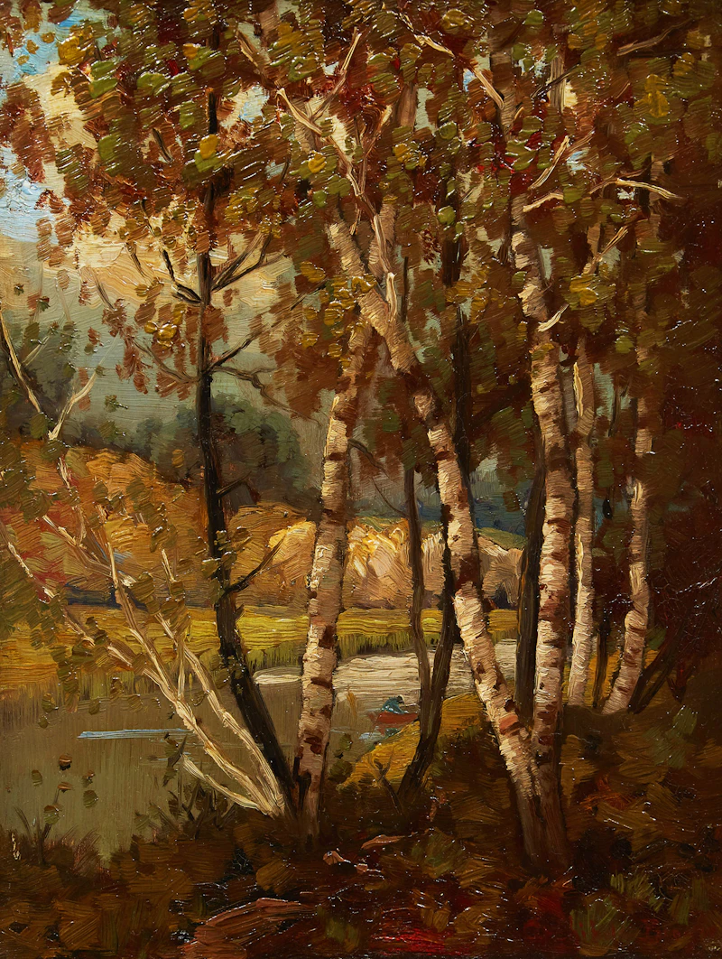 Joseph Archibald Browne, Birches by a Lake, oil on board