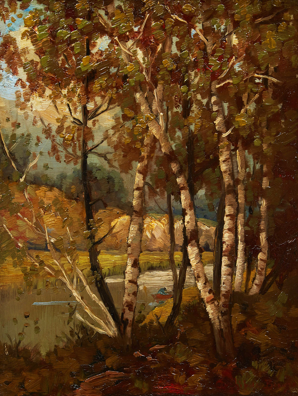 Joseph Archibald Browne, Birches by a Lake, oil on board
