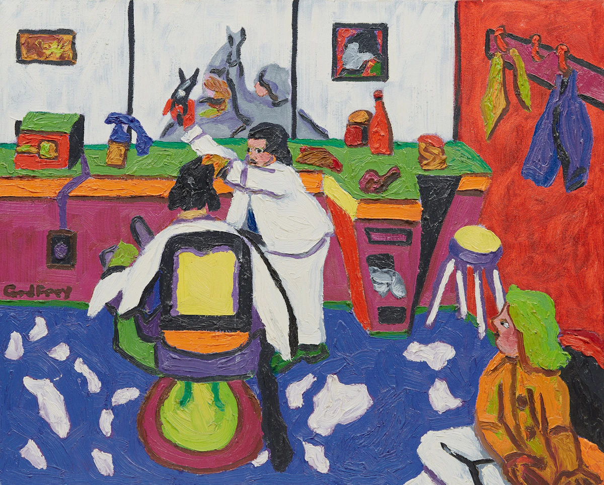John Godfrey, Barber Shop, oil on canvas