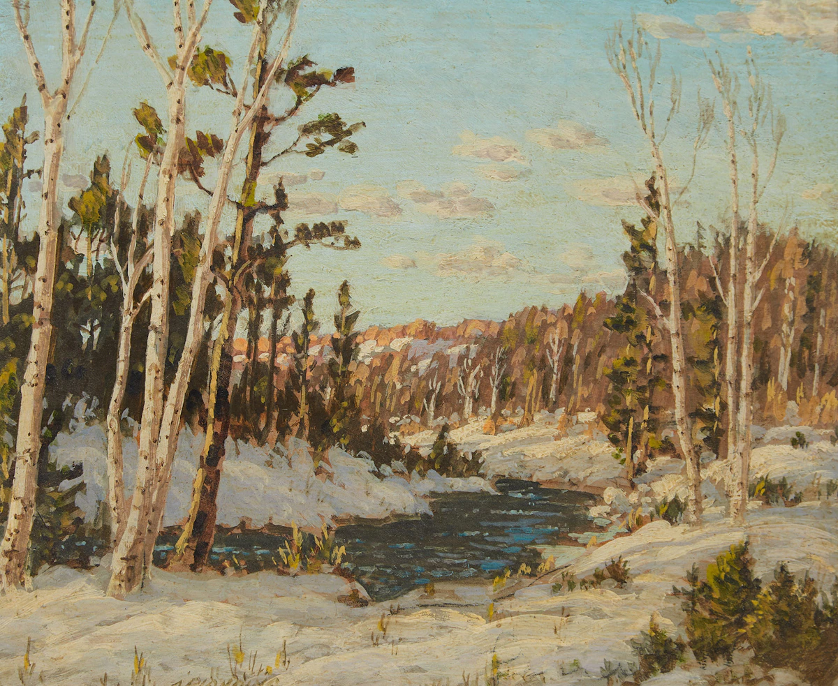Otto Planding, Silver Birches in Winter, Wye River; Pickerel River, two oil paintings