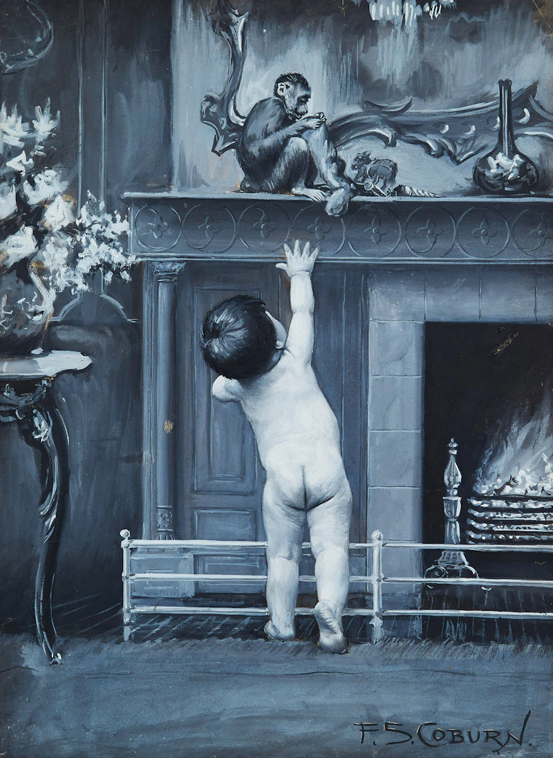 Frederick Simpson Coburn, Young Boy and Monkey, tempera and gouache on card