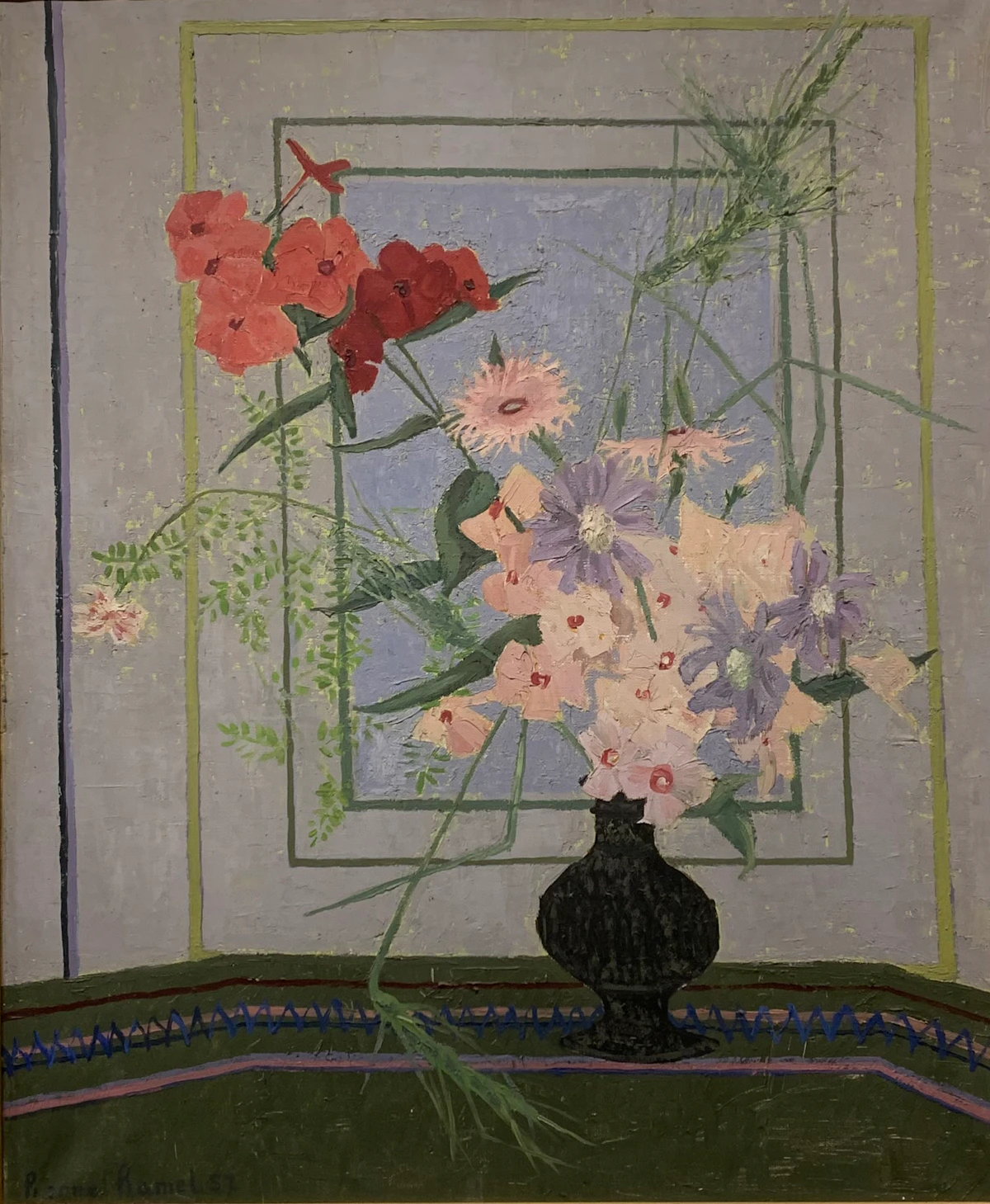 Pierre Ramel, Phlox, oeillets, scabieuse herbes, oil on canvas, 1957