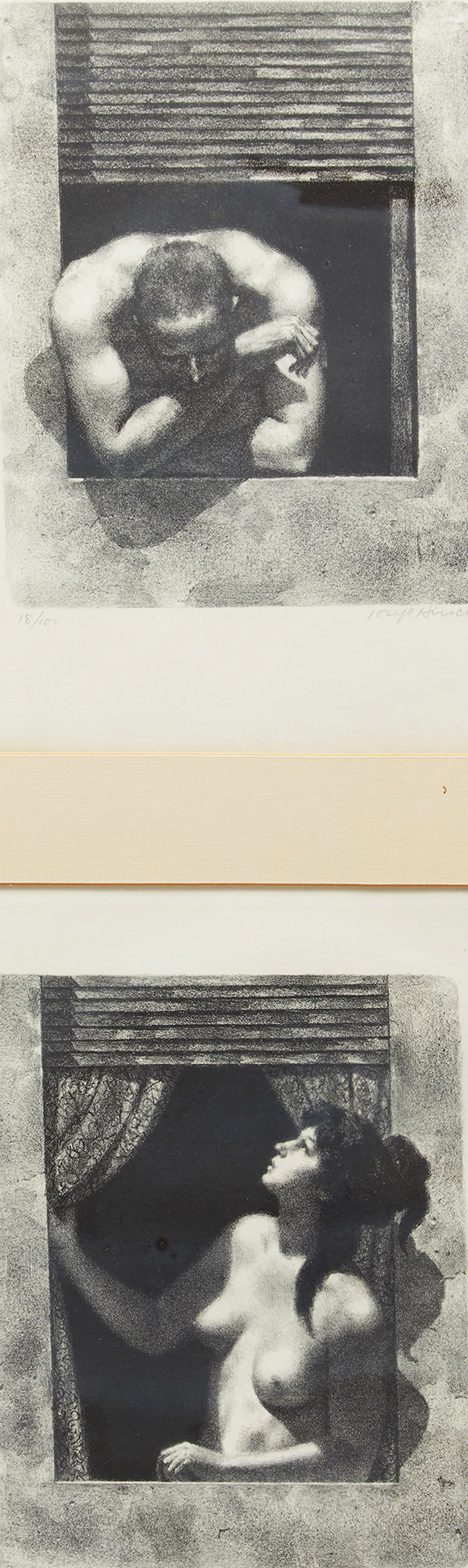 Joseph Hirsch, Windows: (Male nude in a window/ Female nude in a window), two lithographs framed together, 1976-77