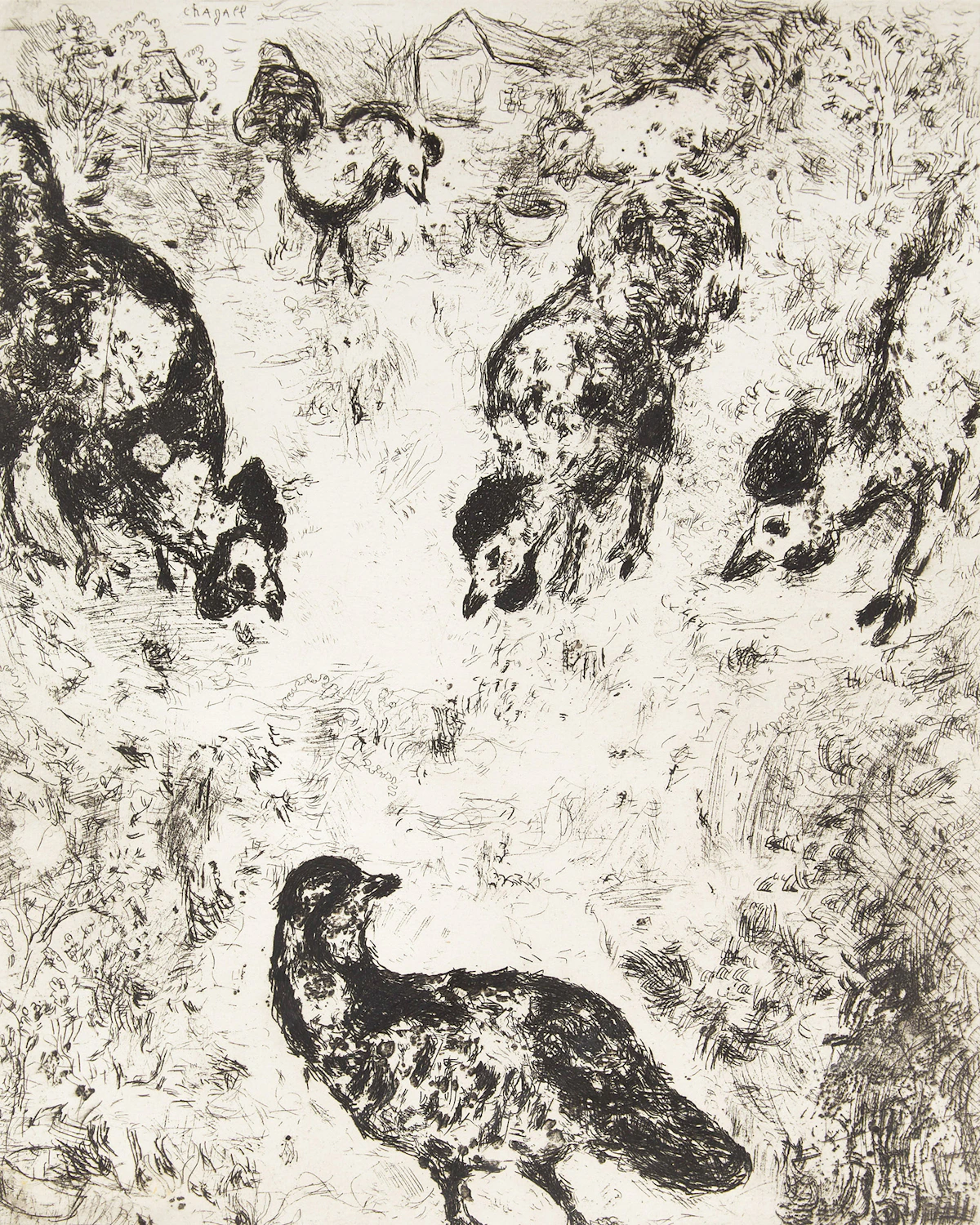 Marc Chagall, La Perdrix et Les Coqs, plate 94 (from Les Fables de la Fontaine Volume II) (Sorlier 188), etching, 1952