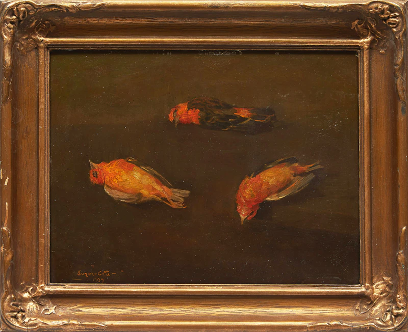 Manner of Marc-Aurèle de Foy Suzor-Coté, Orange Finches, oil on board, 1909 - view 2