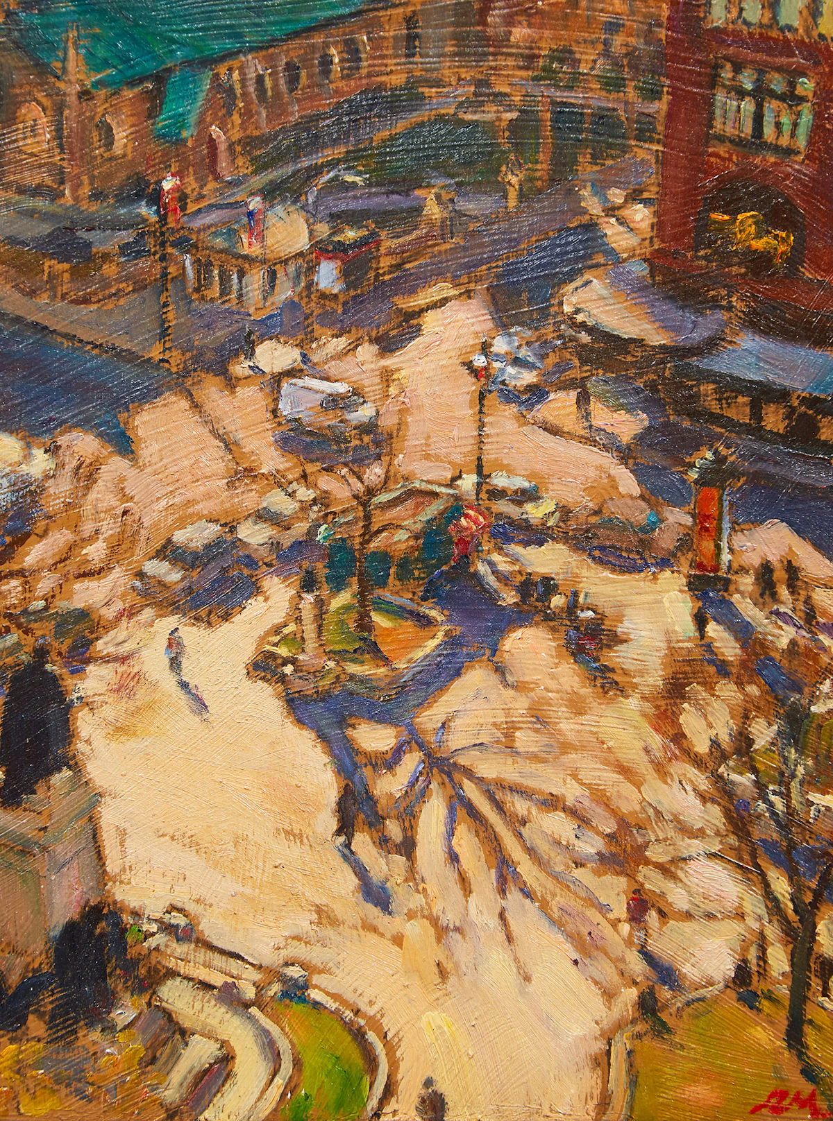 Richard Montpetit, Statue sur plombant le Square Phillips, oil on panel, 2010