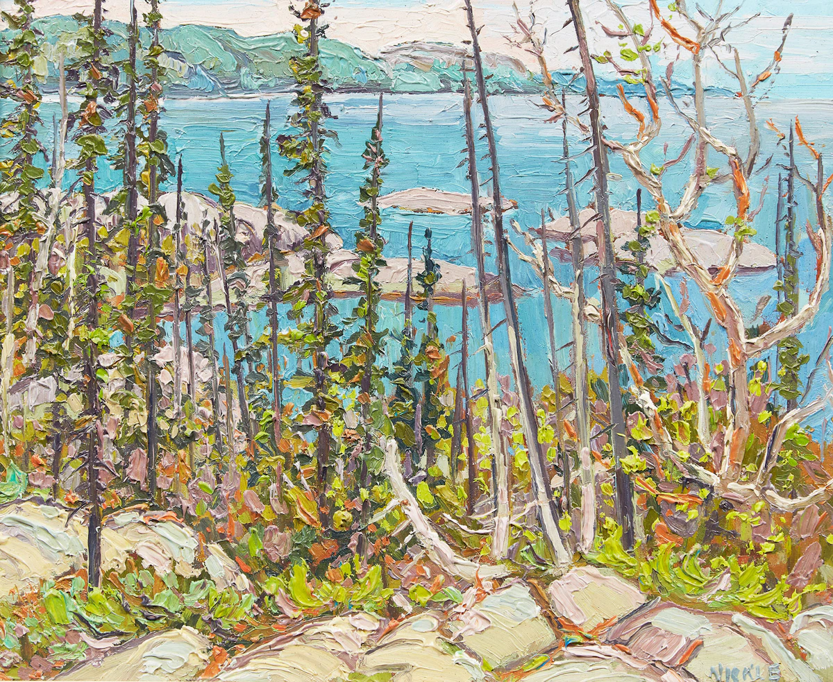 Lawrence Nickle, Michipicoten Harbour Toward Brule Harbour,  Lake Superior, oil on board, 1985