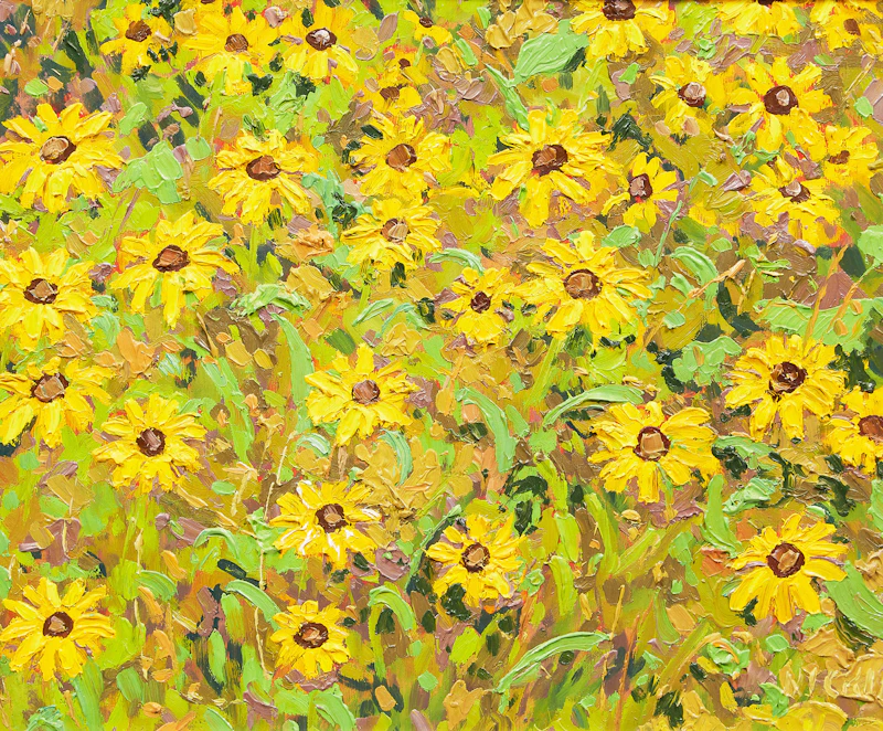 Lawrence Nickle, Sunflowers, oil on board