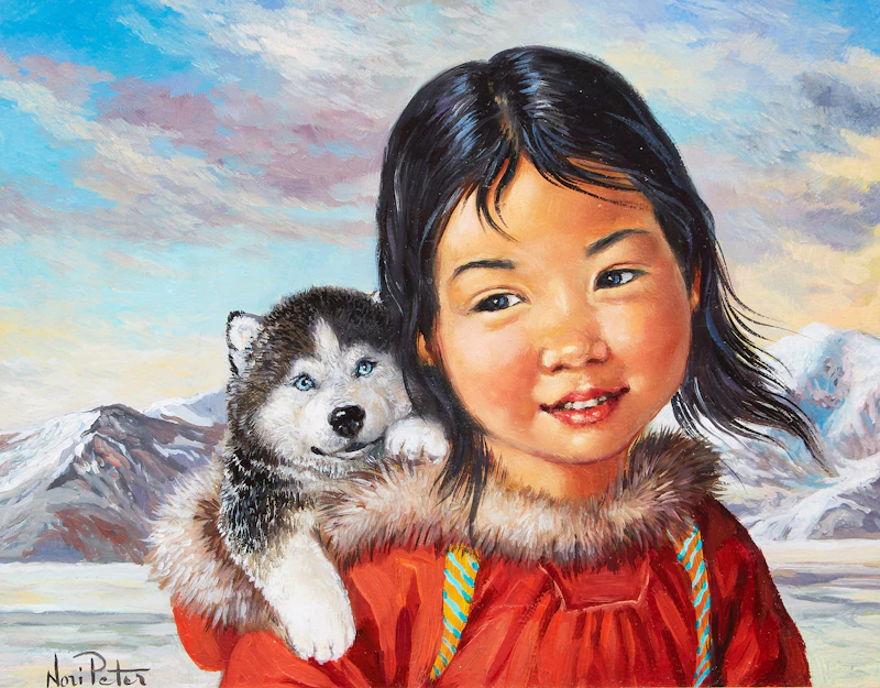 Nori Peter, Child with Puppy; Man with Spear, two oil paintings